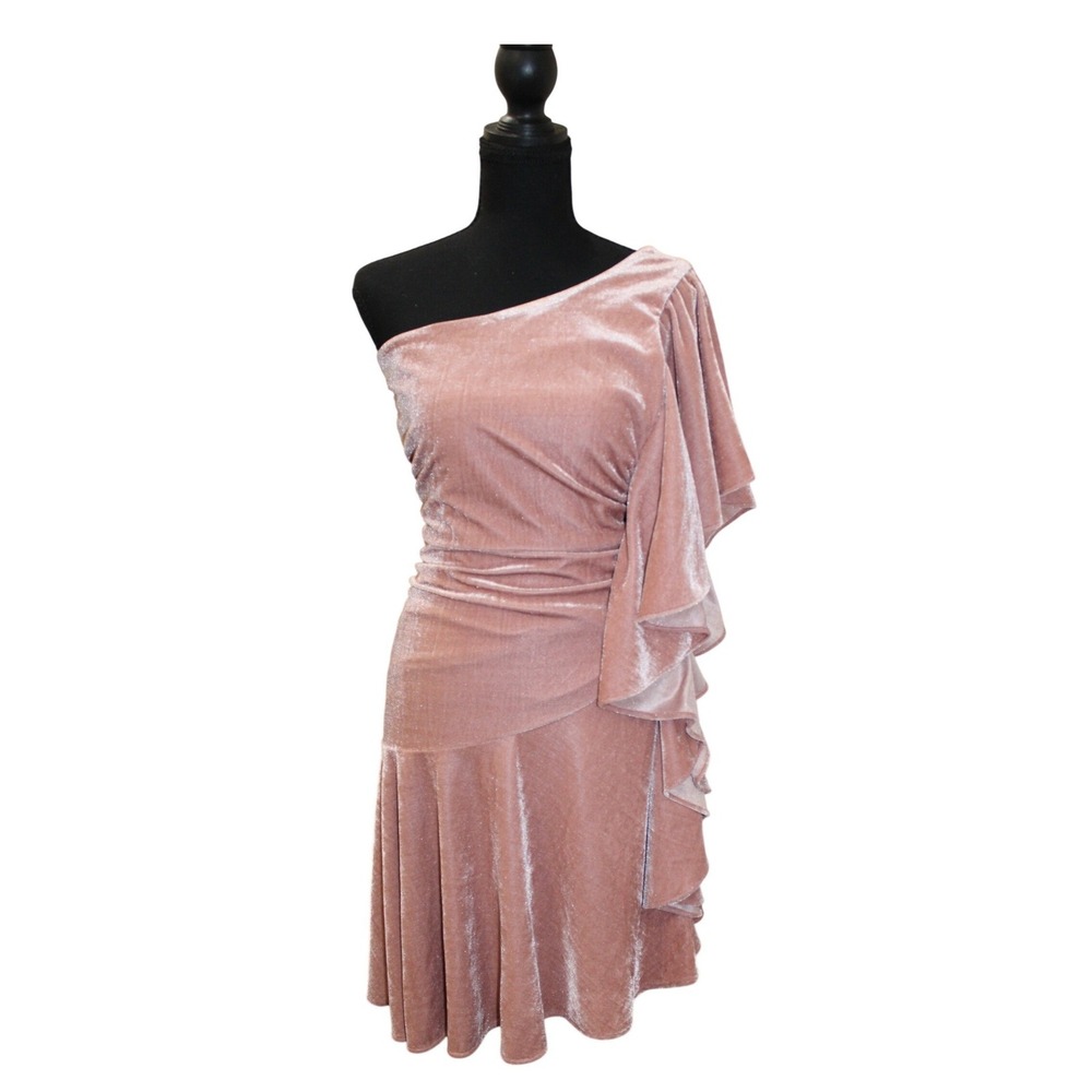 Gianni Bini Juniors One Shoulder Ruched Velvet Ruffle Party Dress Velour Size L